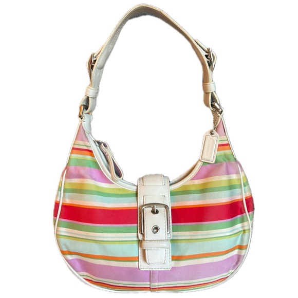 Coach Hampton Multicolor Striped Hobo Shoulder Bag White Leather - Picture 1 of 16